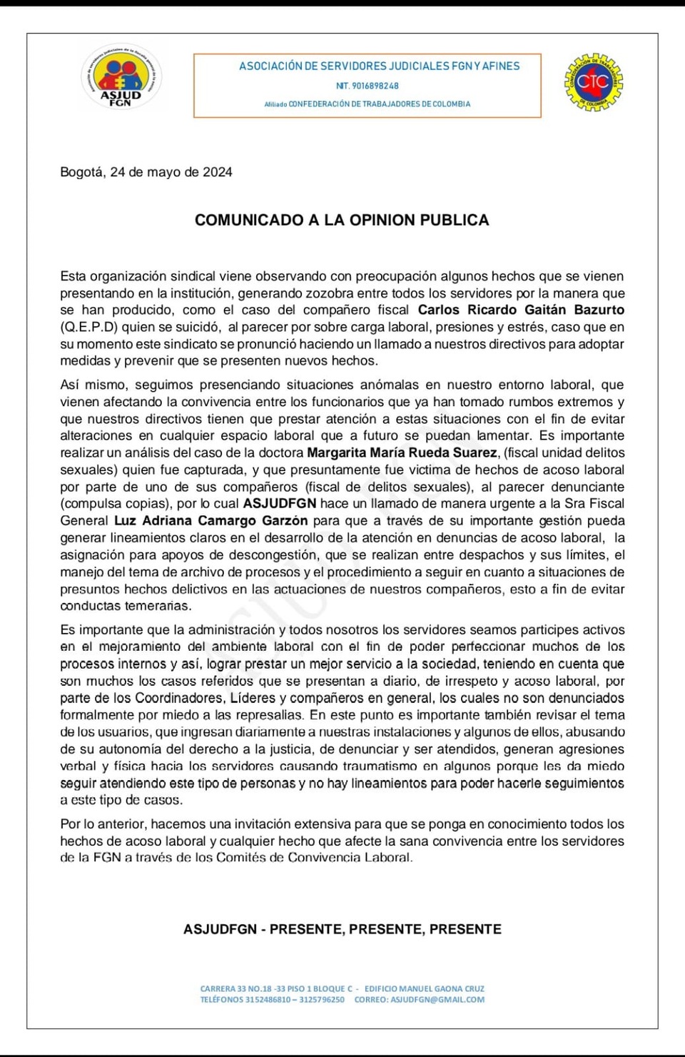 Comunicado a la opinión pública 🗣️🧩Es importante realizar un análisis del caso de la doctora Margarita María Rueda Suarez, (fiscal unidad delitos sexuales) quien fue capturada, y que presuntamente fue victima de hechos de acoso laboral por parte de uno de sus compañeros…