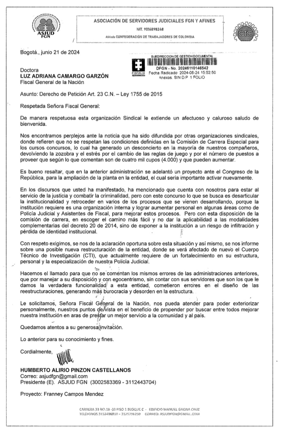 Derecho de petición 👀Para silicitar a la nueva FGN Luz Adriana Jaramillo,ser escuchados para dialogar sobre su postura frente al concurso de cargos, en donde quedarían en riesgo 4000 provisionales es decir 4000 familias 🤔😥